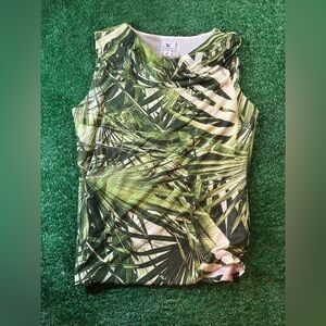 Worthington Tropical Leaves Green Cream Fitted Sleeveless Cowl Neck Tank Top